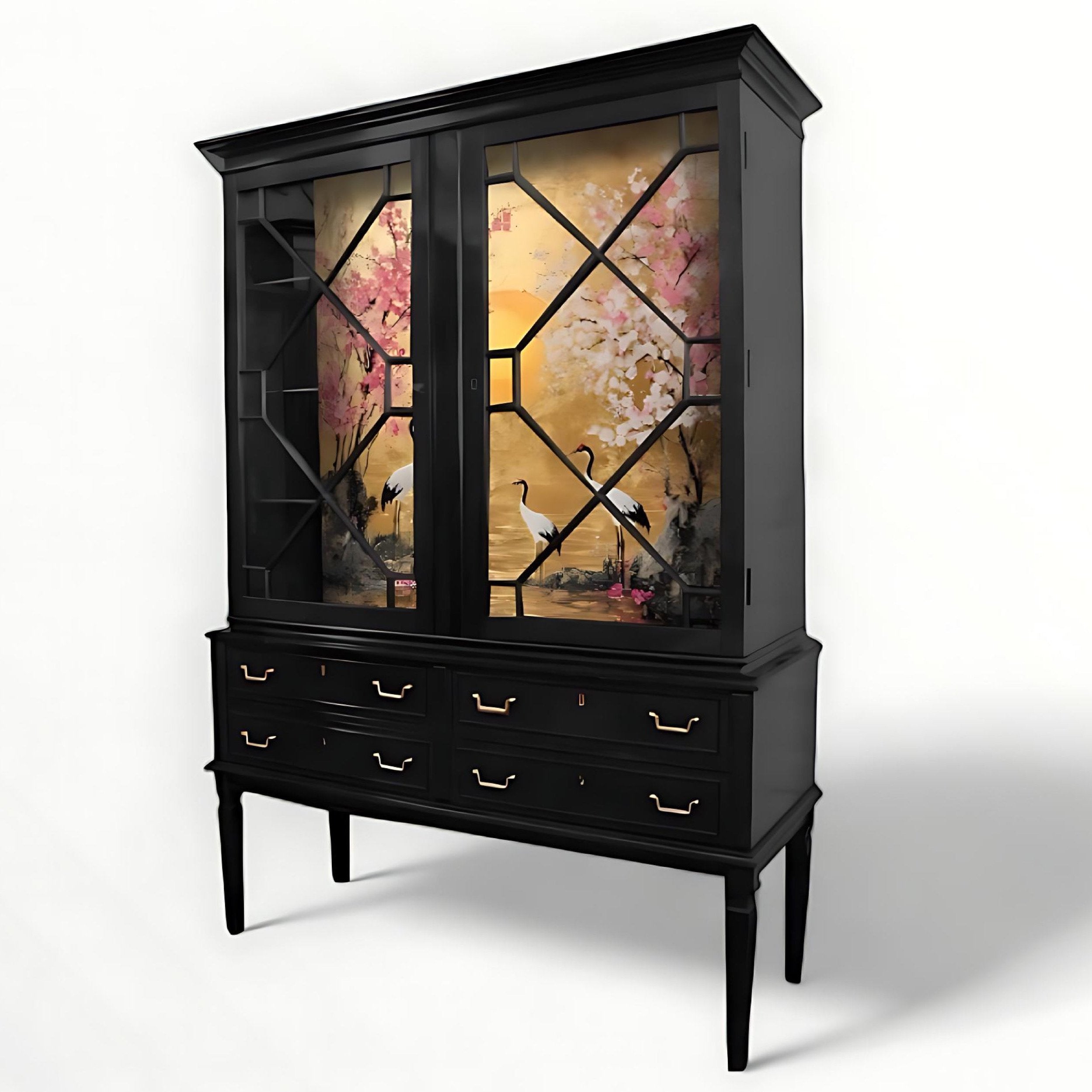 Upcycled Painted Display Cocktail Cabinet - Oriental Gardens