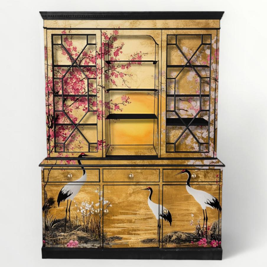 Upcycled Painted Display Cocktail Cabinet - Oriental Gardens